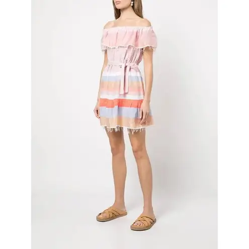 Lemlem Striped Off the Shoulder Mini Dress Tiered Fringed Hem Boho Size L READ