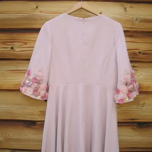 Mac Duggal 11854 Pink Crepe 3/4 Sleeve A-line Gown With Flower Trim