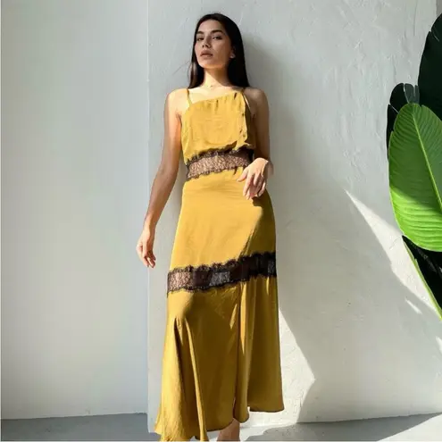 Zara NWT satin & lace combination army olive green & black midi slip dress