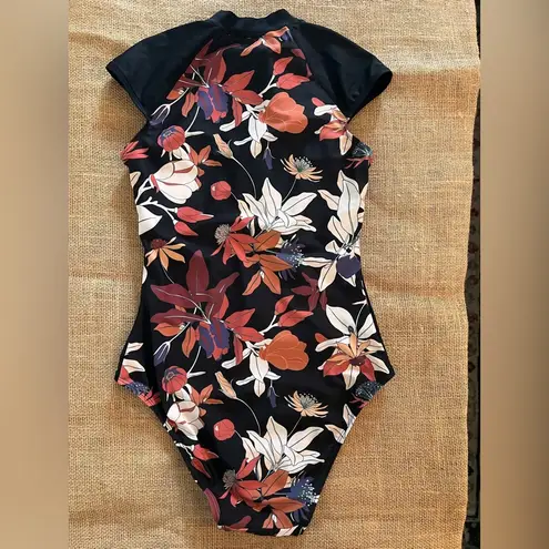 Black Mauve Crm Floral One Piece Swimsuit zip front full coverage summer beach Size 4