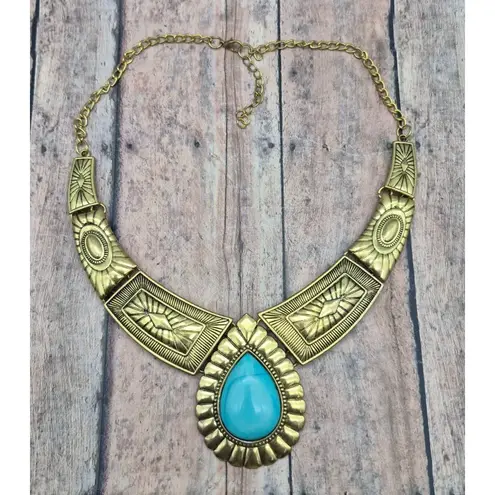 None NWOT Gold Tone & Faux Turquoise Teardrop Bib Collar Necklace Southwestern 22"