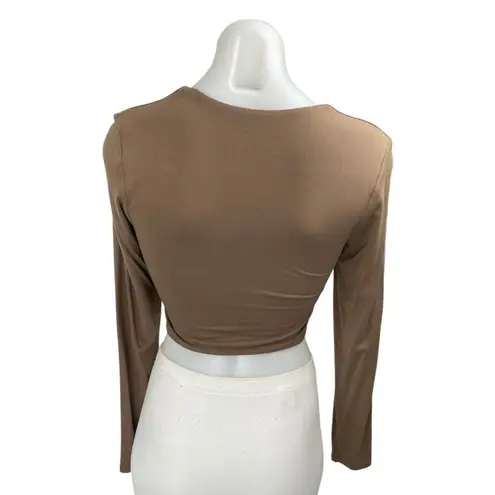 KN Klassy Network Women's Tan Knit Long Sleeve Square Neck Crop Top Size M Size M