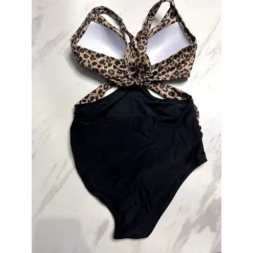 Leopard Printed One Piece Swimsuit Cut outs Criss cross Rouching Built in Bra Black Size M