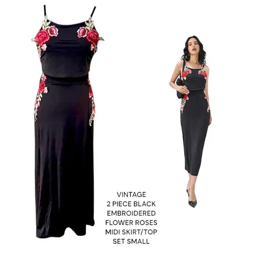 American Vintage VTG. 2 PC. SKIRT CROP TOP BLACK GOTH EMBROIDERED ROSES‎ SET SMALL.
