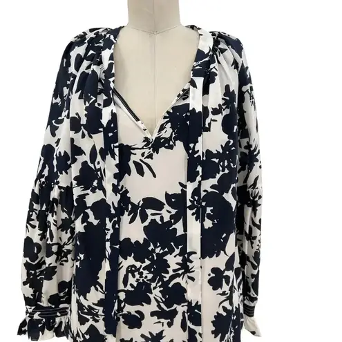 Marie Oliver White Navy Blue Floral Print Long Sleeve Silk Blouse Size Large