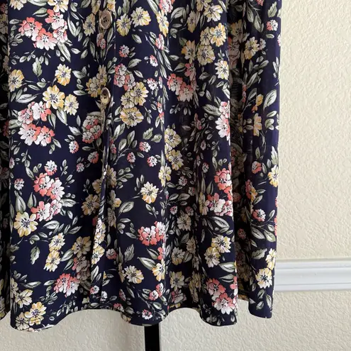 Vintage Inspired Navy Blue Floral Print Bohemian A Line Midi Flowy Casual Skirt Black Size L