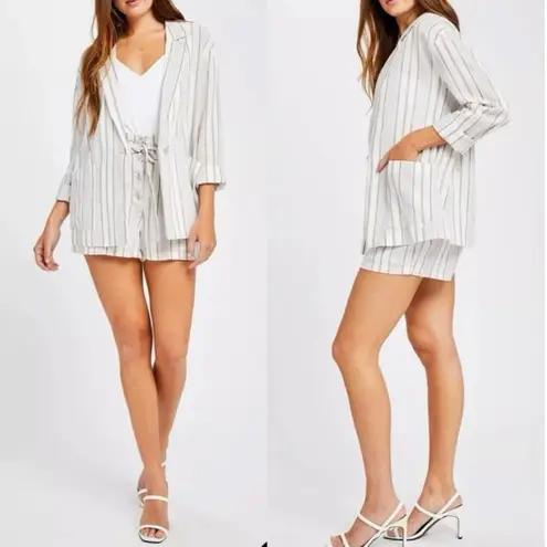 Gentle Fawn Gray White Linen Striped Pinstriped One Button Blazer Coat Jacket S