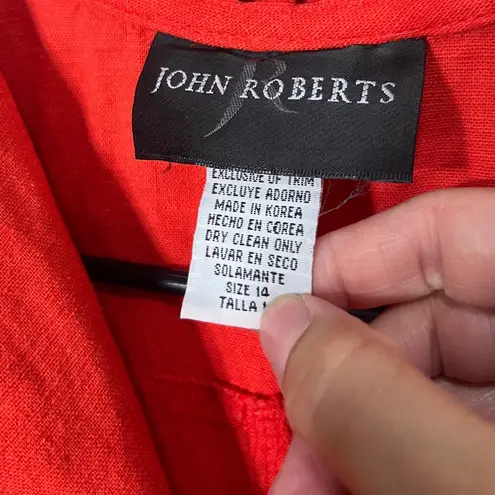 JOHN ROBERTS Red Linen Blend Button Front Collared Midi Shirt Dress Size 14