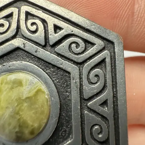 Celtic Hexagon Hex Signed Ireland PJC Brooch Pin Silver Tone / Green