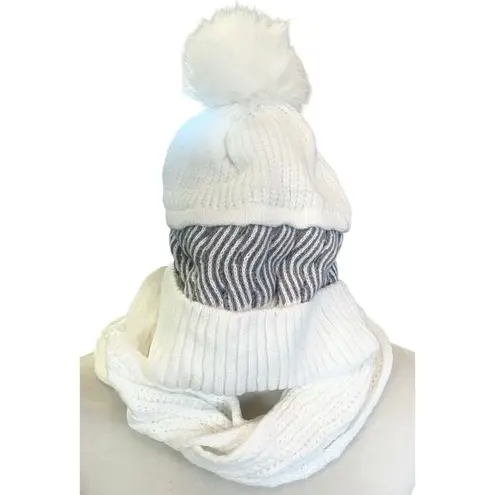 Cozy White Knit Pom Pom Hat With Attached Scarf Lined In Faux Fur Gray