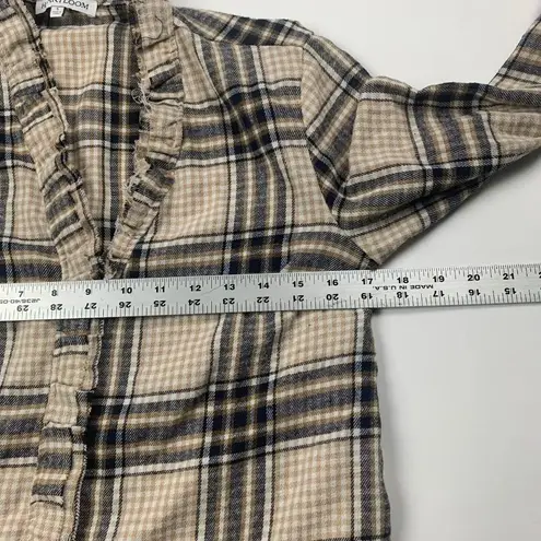 Heartloom Womens Blouse Beige Navy Blue Black Small Plaid Flannel Long Sleeve