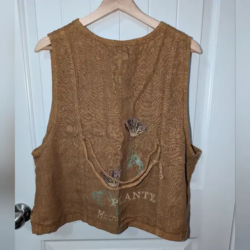 Vintage Bluefish Floral Hand Painted Linen Vest Women's 2 Tan/Brown Brown