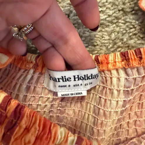 Charlie Holiday Striped Maxi Dress Smocked Puff Sleeve Orange Brown size 4