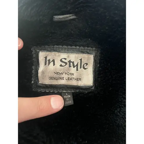 In Style Jacket Womens Large Genuine Leather Faux Fur Lined Winter Coat Zip Black