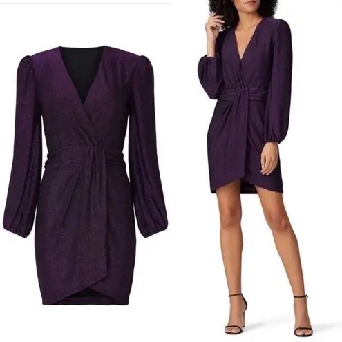 Saylor  Holliday Metallic Faux Wrap Mini Dress S Purple Vneck Glitter Party