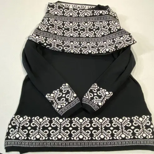 Gina Rossi XL Black Sweater W/ White Pattern & Matching Cowl Neck Scarf