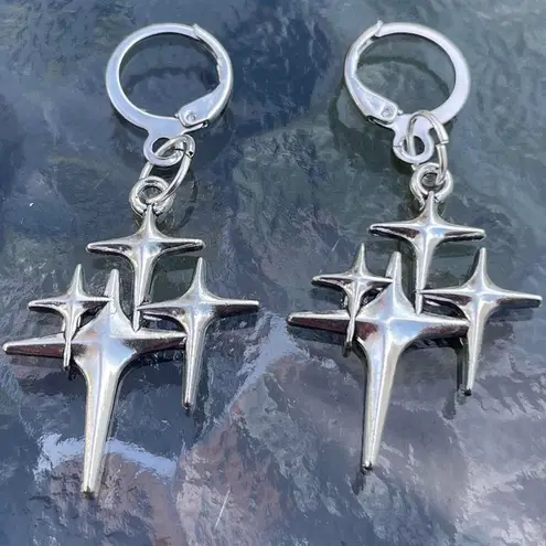 Handmade Silver Y2k Star Hoop Earrings , Punk Goth Boho Silver Hoop