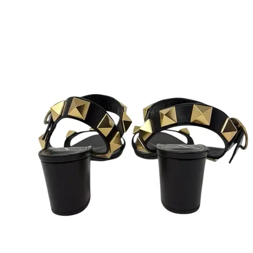 Valentino Garavani Roman Stud Sandals Leather Mid Heel Black Gold Size 38.5