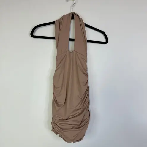 Babyboo Taupe Nude Dominique Ruched Mini Dress Size Small Halter Sexy Bodycon