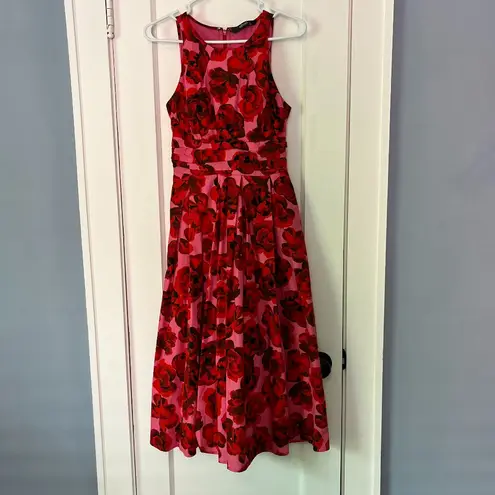 Eshakti pink red floral midi dress size small / 6 smocked full skirt feminine