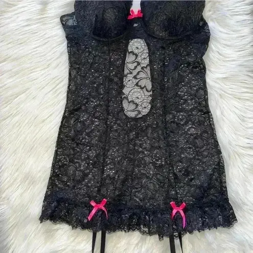 Dreamgirl Lingerie Y2K Black Floral Lace Babydoll Dress Medium Garters Neon Pink