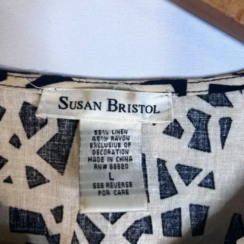 Susan Bristol Bold Black Tan Abstract Geo Print Linen Blend Tank Blouse Size LRG