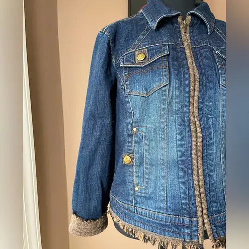 CAbi  Tweed and Denim Jean Jacket with Fringe Detail