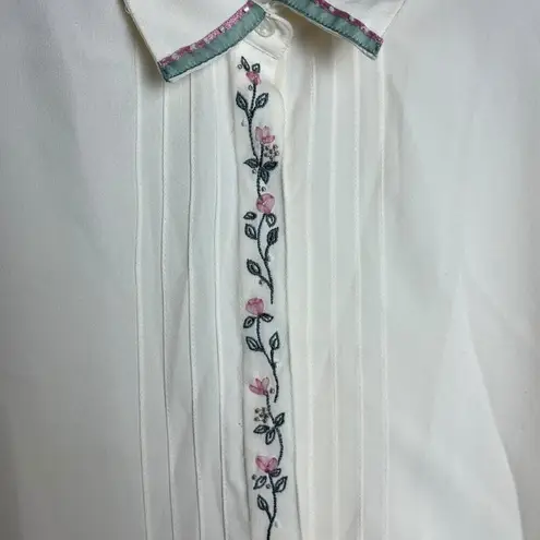 Vintage Koret Size 18 Pleated Long Sleeve Floral Embroidery Blouse Cream Purple