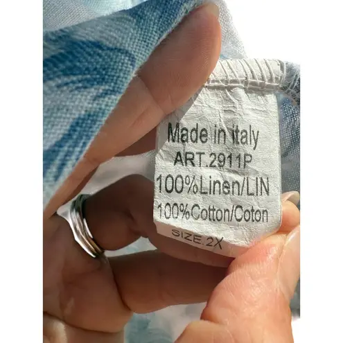 LUNGO L’ARNO Italian Linen Top Women 2X White Blue Floral 100% Linen Beachy