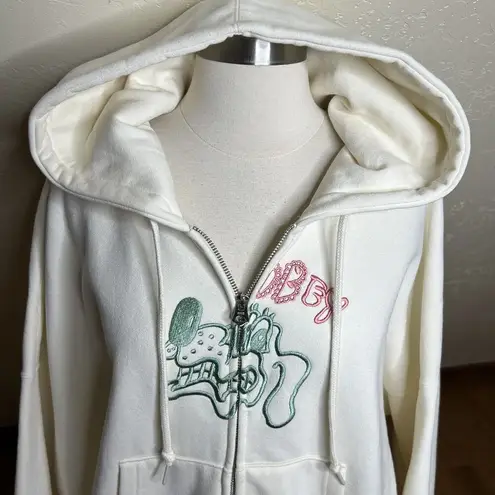 Obey  Zip Up Hoodie Womens Large Ivory Wavy Dog Print Fleece Lined Sweater