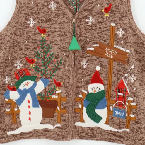 Vtg 90s Kikit Christmas Holiday Sweater Vest North Pole Snowman Zipper Size L Brown Size L