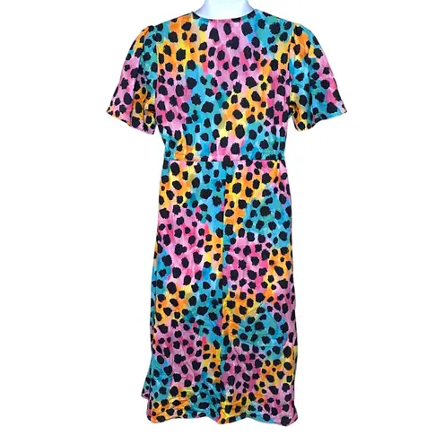 Little Party Dress Womens 10 Cheetah Print 80s V Neck Colorful Neon Retro Twirl Pink