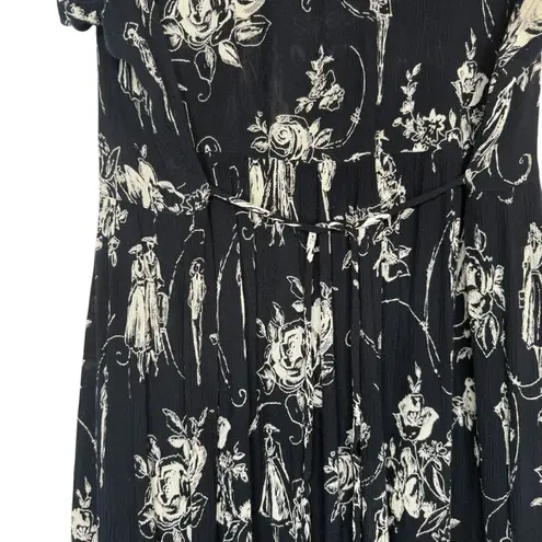 Bila Black Toile Floral Gauze Midi Dress XL Boho Button Front Tie Back Rayon