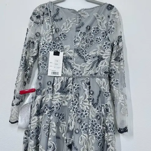 Mac Duggal Floral Embroidered Illusion Long Sleeve Gown Platinum Silver NWT 8