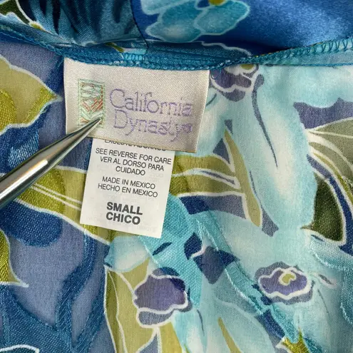 Vintage California Dynasty Sheer Floral Burnout Open Kimono Robe Duster womens S Blue
