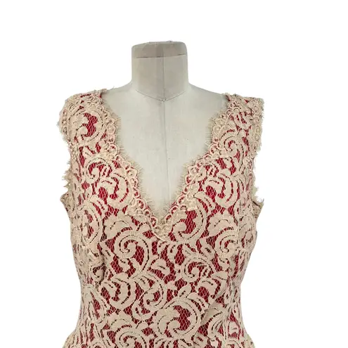 Tadashi Shoji Lace Peplum Sheath Beige Cream Red Sleeveless Size 14