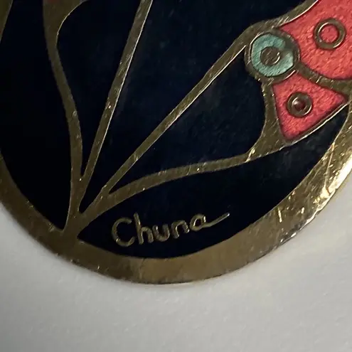 Vintage Signed Chuna Cloisonné Pin Gold