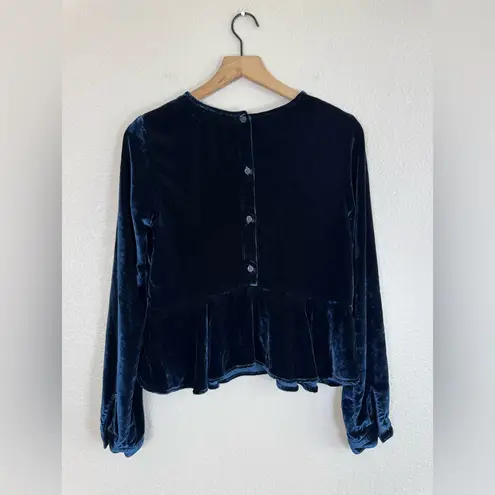 Bella Dahl Button Back Navy Blue Silk Velvet Peplum long Sleeve Blouse size XS