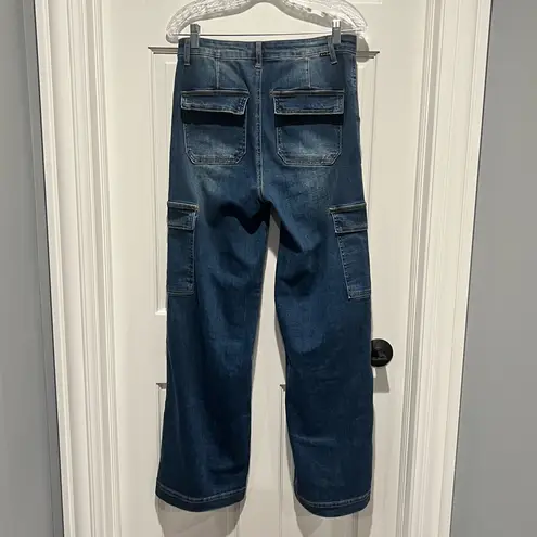 Risen High Rise Wide Leg Cargo Jeans Size 9 / 29 Utility Stretch Denim Relaxed Blue