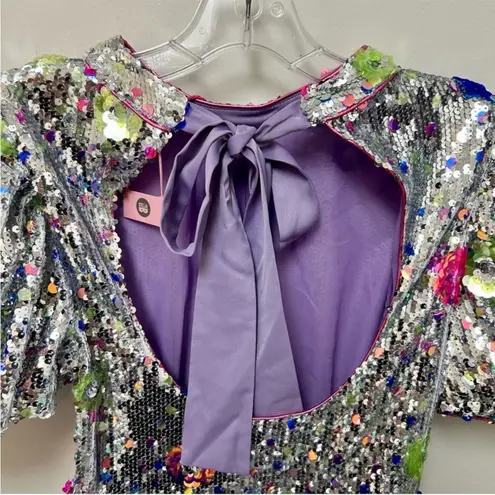 CeliaB Wonderer Silver Sequins Floral Statement Puff Sleeves Mini Dress NEW XXS