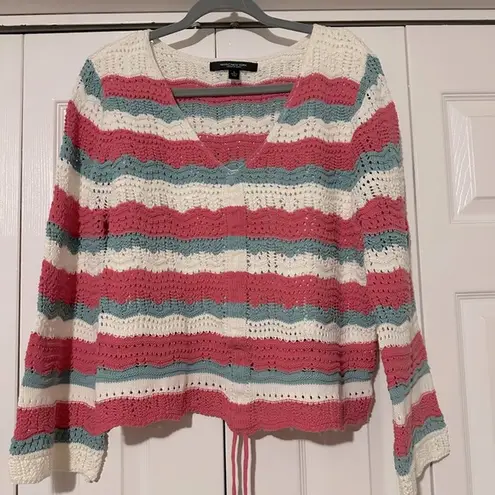 Marc New York V Neck Sweater, Size L. Pink, cream and light green striped.