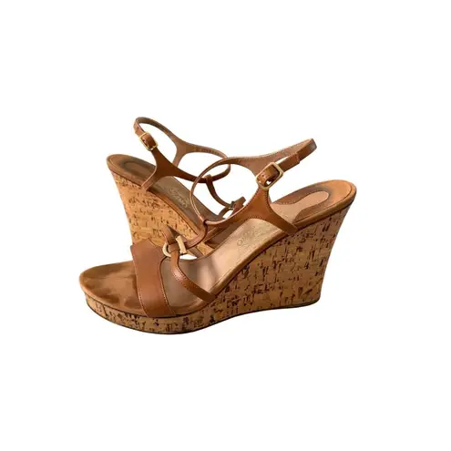 Salvatore Ferragamo Tan Leather Cork Wedges Size 10