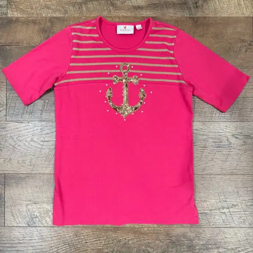 Quacker Factory Glam Sequins Anchor Sequin and Stripe Elbow Sleeve T