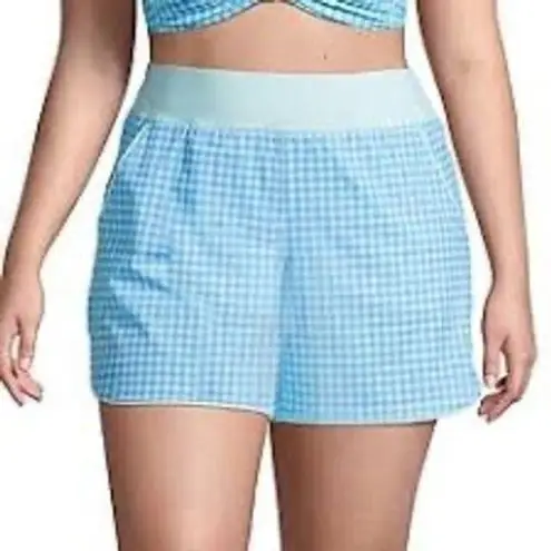 Lands' End Women's High Waist Gingham Swim Shorts 18W Blue Check Lined Pockets
