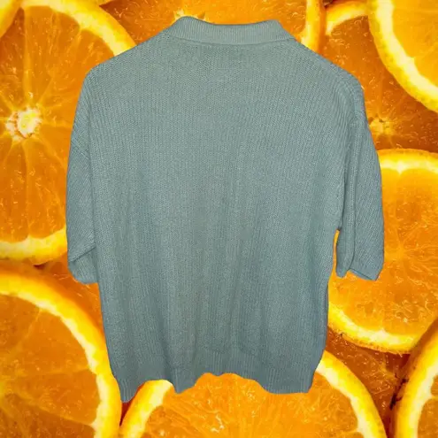 Norm Thompson Linen Blue/Green Short Sleeve Polo Knit Sweater Size Medium Green