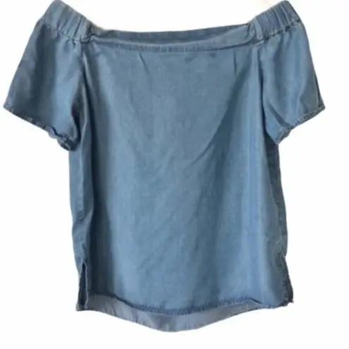 Thread and Supply  Blue Chambray Button Back Off Shoulder Short Sleeve Top S