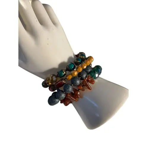 Colorful Multicolor Beaded Elastic Bracelet Set With Turquoise Red Amber & Yello