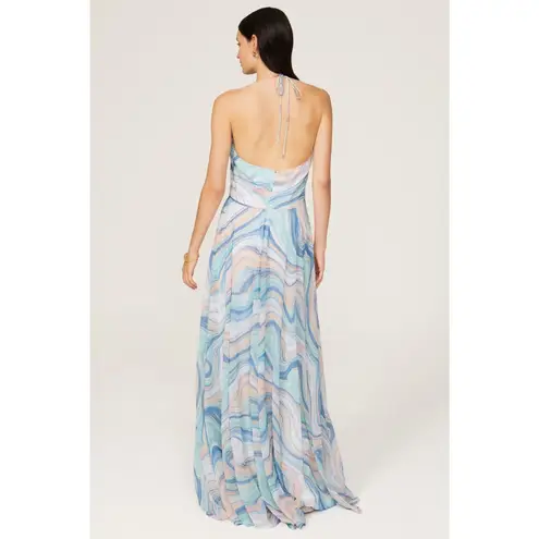 LIV FOSTER Blue Orange Abstract Watercolor Wave Pattern Halter Neck Maxi Size 6