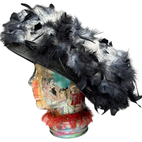 Vintage Feather Trim Statement Hat, Dramatic Black and White Church Derby EUC