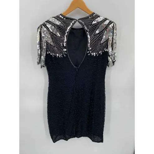 Scala Vintage Festive Dress Whimsigoth Fairy XL Black Silver Silk Sequined Beads